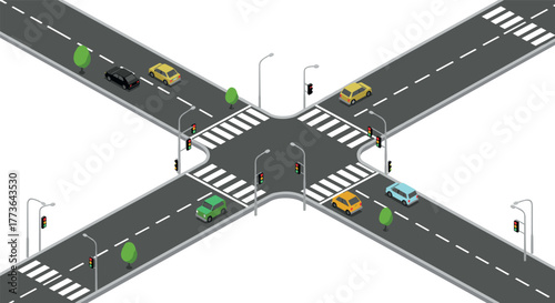 Isometric urban intersection with vehicles and traffic lights