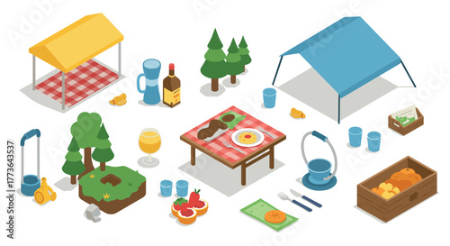 Isometric camping picnic with tents and outdoor dining setup