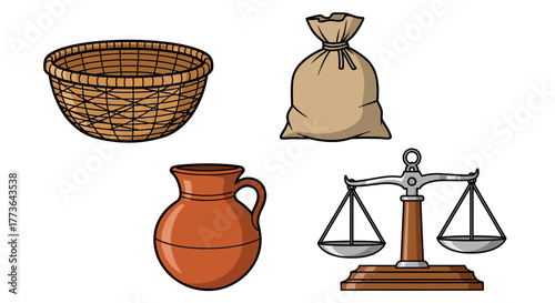 Woven basket, burlap sack, clay jug, and balance scale are arranged on, representing various objects for storage, measurement, and transport