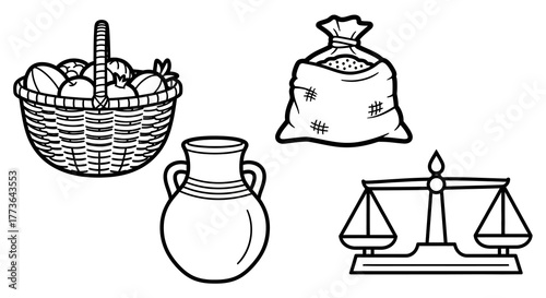Black and shows basket filled with fruit, sack grain, simple jug, and balance scale