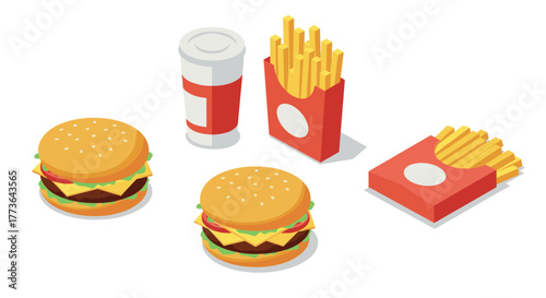 Isometric fast food: burgers, fries, and soda in modern design