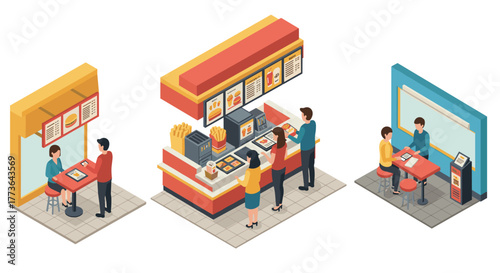 Modern fast food restaurant scenes in isometric design with customers and staff
