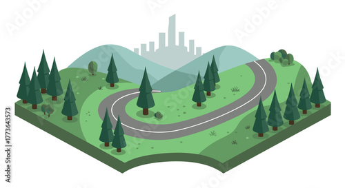 Isometric landscape with winding road and trees at sunrise