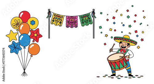 Celebration scene with balloons, festive banner, and drummer in sombrero, with confetti falling