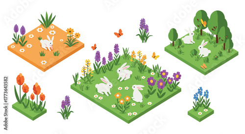 Charming isometric spring garden with rabbits and colorful flowers