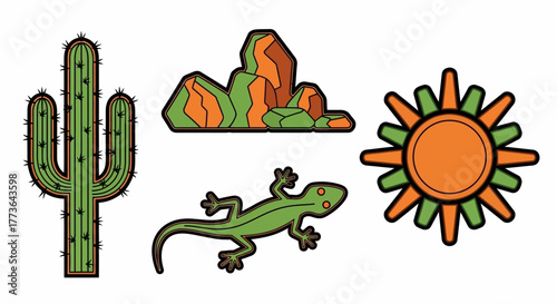 Desert landscape elements featuring saguaro cactus, rock formation, lizard, and sun graphic