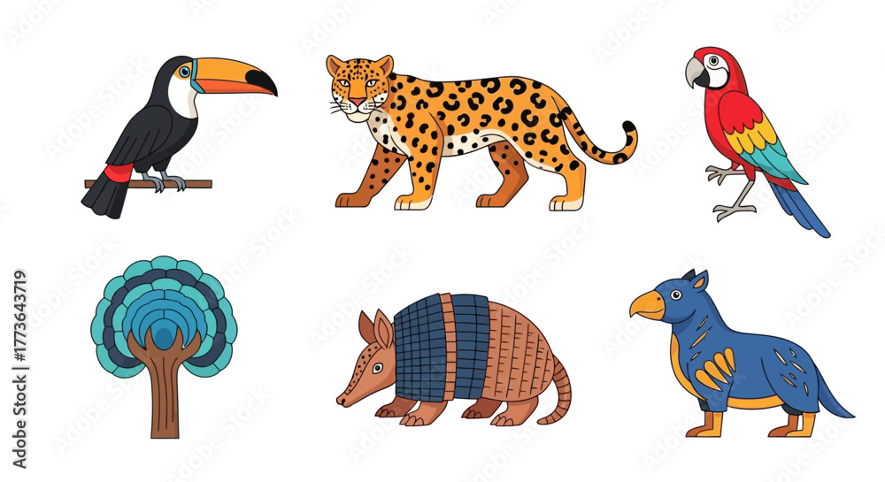 Naklejka premium Vibrant collection south american wildlife and flora featuring toucan, jaguar, macaw parrot, tree, armadillo, and blue doglike creature