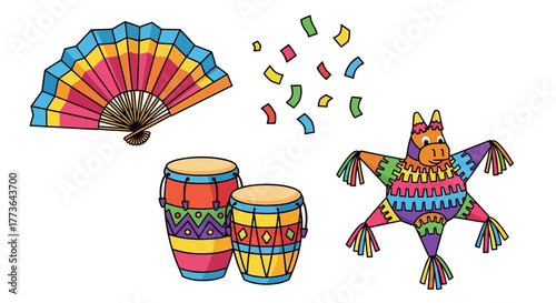 Festive collection mexican party elements including colorful fan, confetti, drums, and pinata