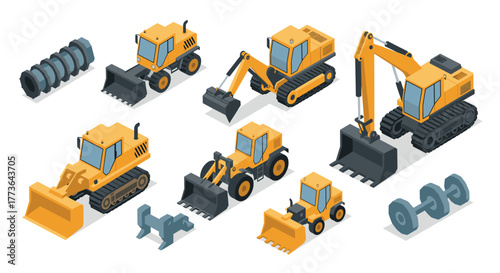 Isometric construction machinery set: bulldozers, excavators, and loaders