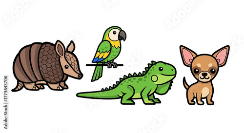 Group cute cartoon animals native to mexico, including an armadillo, parrot, iguana, and chihuahua