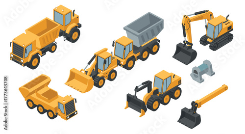 Set of isometric construction vehicles: bulldozers, excavators, and dump trucks