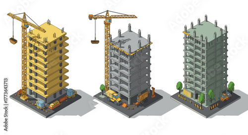 Isometric construction site with buildings and crane in progress