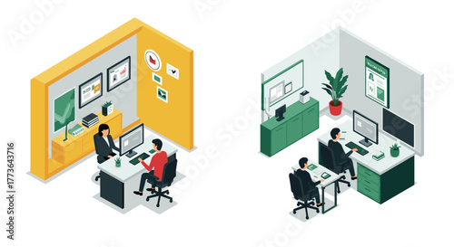 Modern office workspace design in isometric style with people and technology