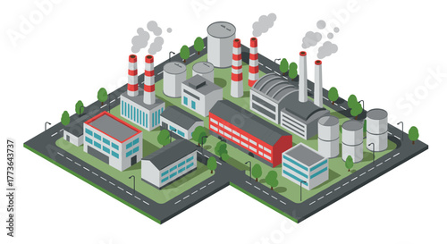 Isometric industrial complex with smoke stacks and industrial buildings