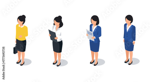Isometric businesswomen in formal attire and various poses on white background