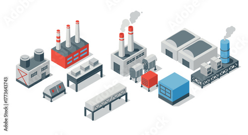 Isometric industrial buildings with machinery and chimneys
