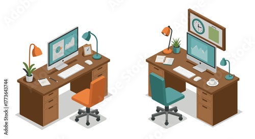Modern office desks with computers and chairs in isometric style