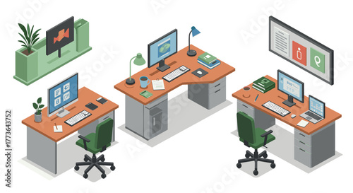 Modern isometric office workspace with desks and computers