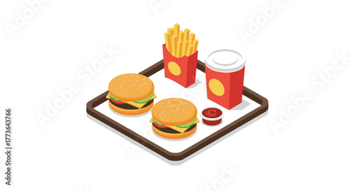 Isometric fast food meal with burgers, fries, drink, and sauce on a tray