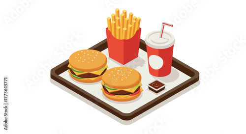 Isometric fast food meal with burgers, fries, and drink on tray
