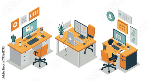 Modern office workspace in isometric style with computers and desks