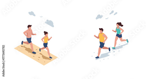 Isometric runners on the track and road in motion