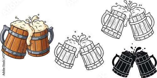 Illustration of beer mugs clinking in color, outline, and silhouette