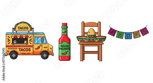 Collection mexican food truck, hot sauce, sombrero on chair, and festive papel picado banner
