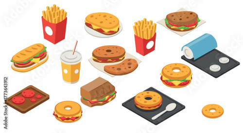 Fast food isometric design: burgers, fries, and drinks delightful collection