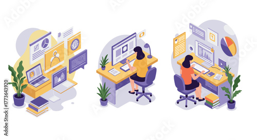 Creative female experts working on laptops at desks surrounded by digital media in modern isometric design