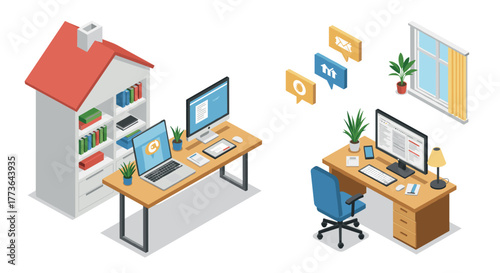 Modern home office workspace in isometric design with desktop computers and house interior elements