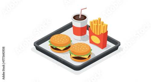 Isometric fast food meal with burgers, fries, and soda on tray