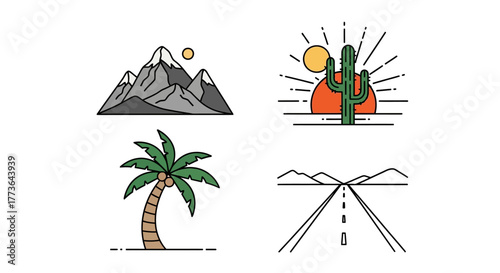 Collection four flat design icons representing different landscapes and travel elements, including mountains, desert scene with cactus and sun, palm tree, and road leading to the horizon, all
