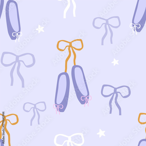 Seamless pattern with pointe shoes and bows on a lilac background. Vector illustration for printing. Cute baby background for girls. pointe shoes