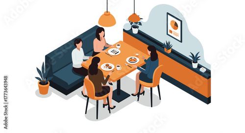 Business meeting in modern cafe with colleagues sharing ideas over lunch