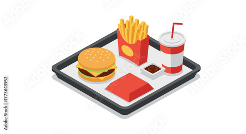 Isometric fast food meal: burger, fries, and drink on tray in 3d style