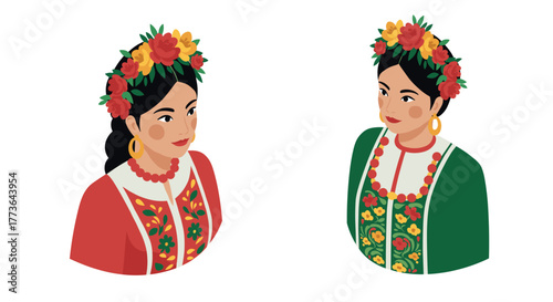 Colorful traditional attire with floral headpieces and embroidered designs