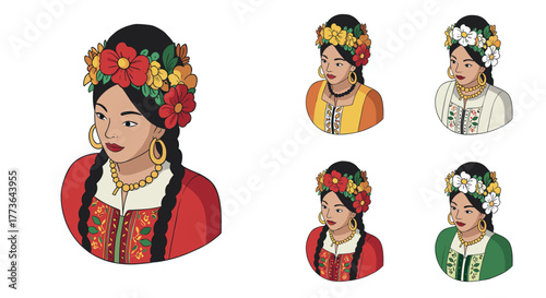 Traditional folk costume portraits with floral headdresses in various colors
