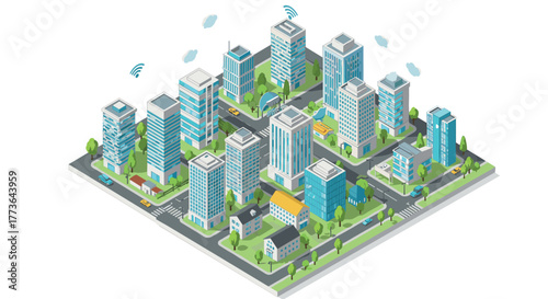 Modern isometric smart city with high-rise buildings and green spaces