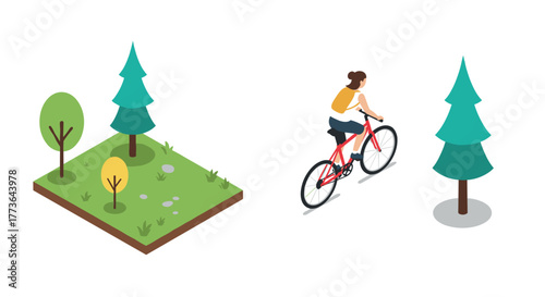 Isometric park scene with cyclist and trees for outdoor recreation design