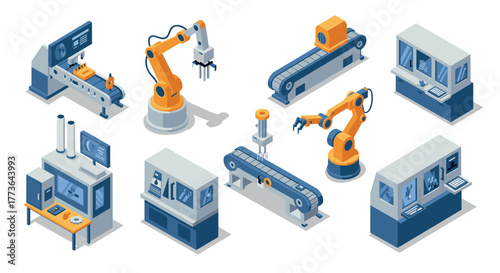 Isometric industrial robotics and automation machines set for modern factories