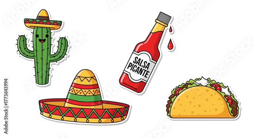 Collection mexicanthemed icons including smiling cactus wearing sombrero, bottle spicy salsa picante, traditional sombrero, and taco, all isolated on