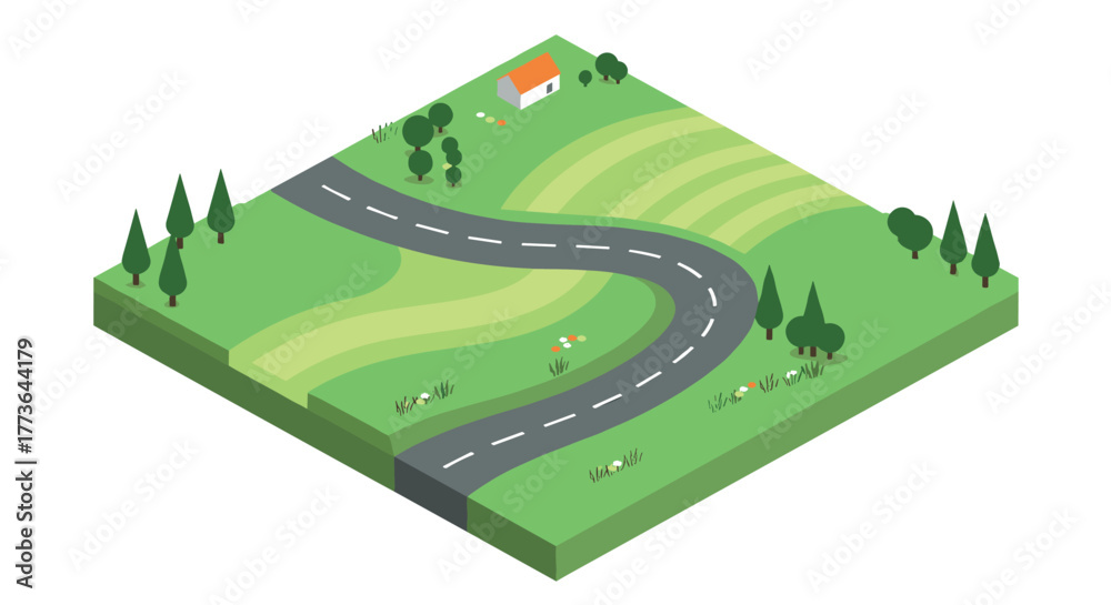 Naklejka premium Charming isometric countryside landscape with winding road and green fields