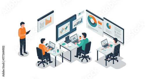 Collaborative office environment with professionals analyzing data in isometric style