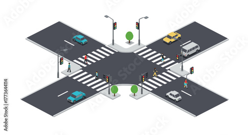 Isometric urban crosswalk with cars and pedestrians at intersection