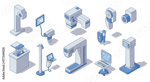 Isometric medical equipment set with modern diagnostic devices and computers