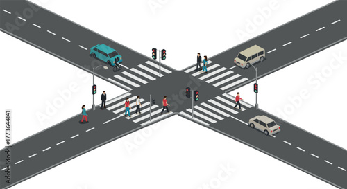 Busy urban intersection with pedestrians and cars in isometric style