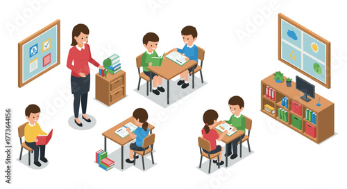 Isometric classroom scene with teacher and students learning at desks