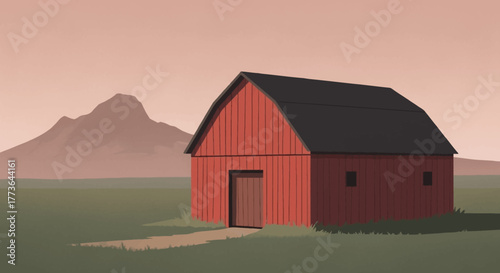 Solitary red barn stands in vast, open field with rolling hills and mountain in the distance under hazy, muted sky, evoking sense rural isolation and rustic simplicity