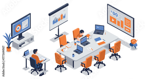 Isometric office meeting room with computers and presentation screens